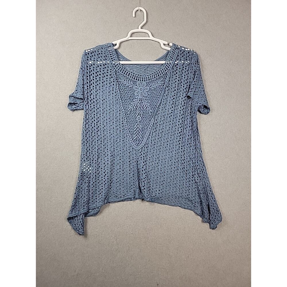 Seduzione 100% Cotton Blue Floral Lace Crochet SS Cover-Up Women's One Size